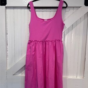 👗Hot Pink Ribbed Tank Midi Dress | Tiered Babydoll Cotton | Size L | NWT